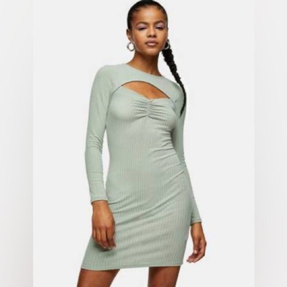 Topshop Ribbed Sage Green Cutout Bodycon Dress - Picture 6 of 6